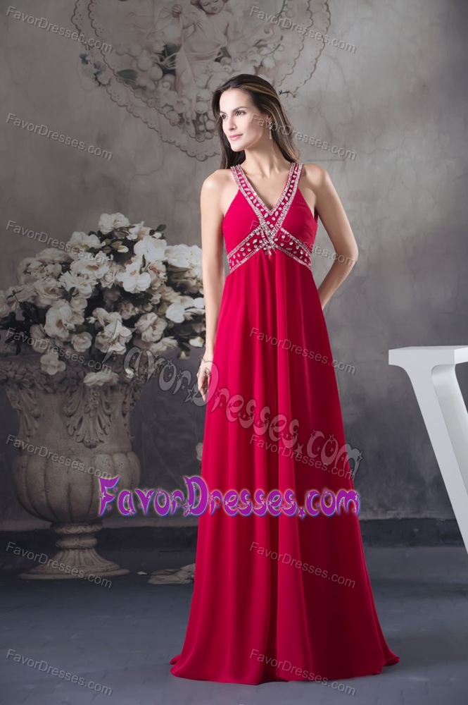V-neck Beaded Chiffon Prom Formal Dress with Criss Cross Back in Red