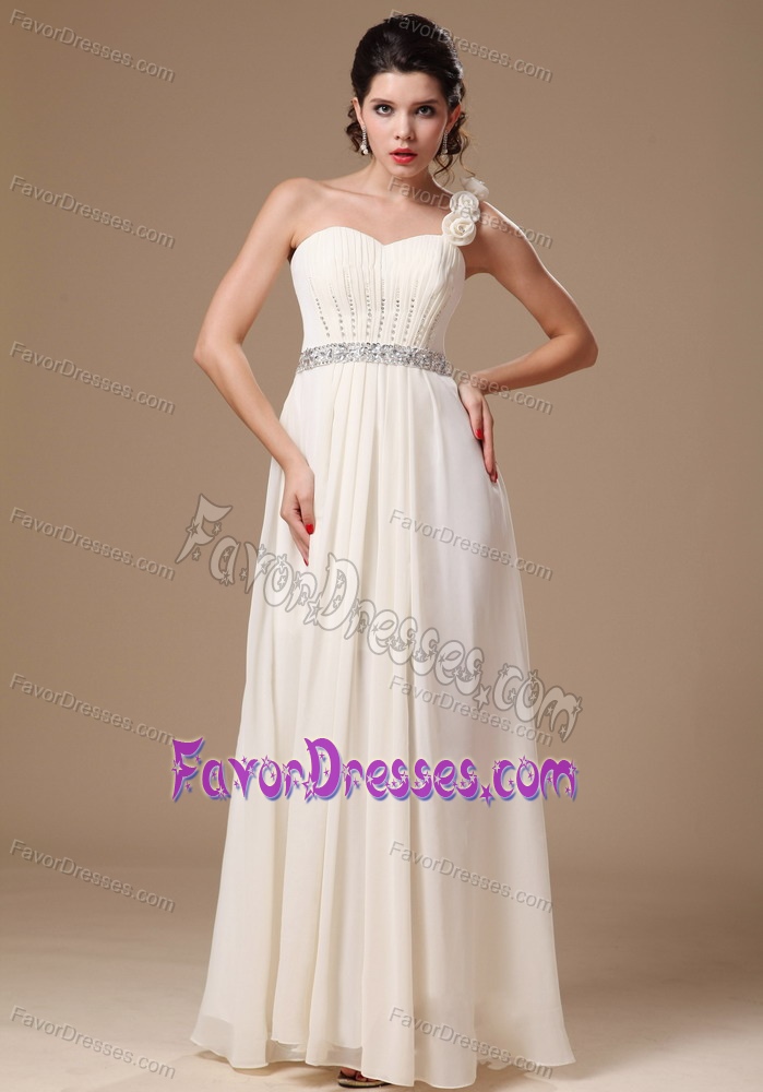 White One Shoulder Long Ruched Beaded Evening Dresses with Flowers