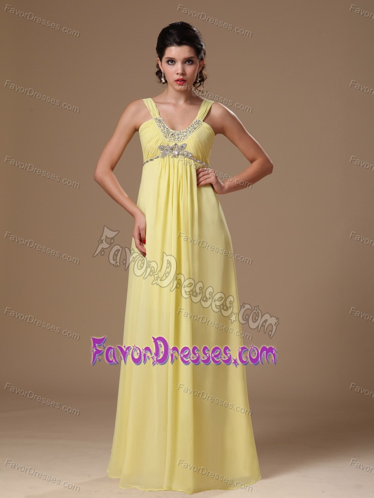 Best Light Yellow Ruched Chiffon Long Evening Party Dress with Beading