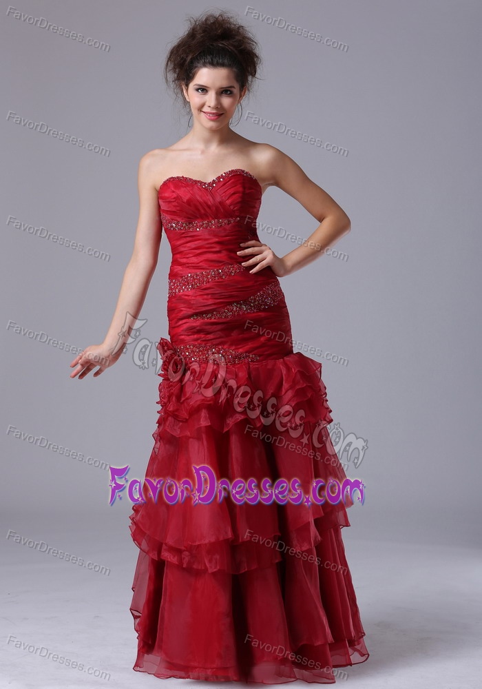 Wine Red Sweetheart Long Ruched Layered Evening Dress with Beading