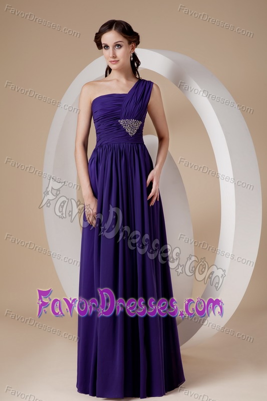 Dark Purple One Shoulder Long Ruched Beaded Formal Evening Dresses