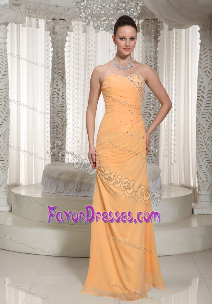 Sweetheart Long Orange Beaded Chiffon Evening Dresses with Ruching