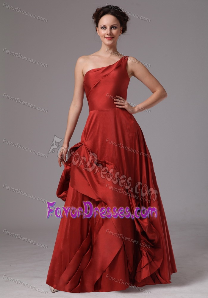 One Shoulder Taffeta Evening Formal Gowns in Wine Red with Zipper-up