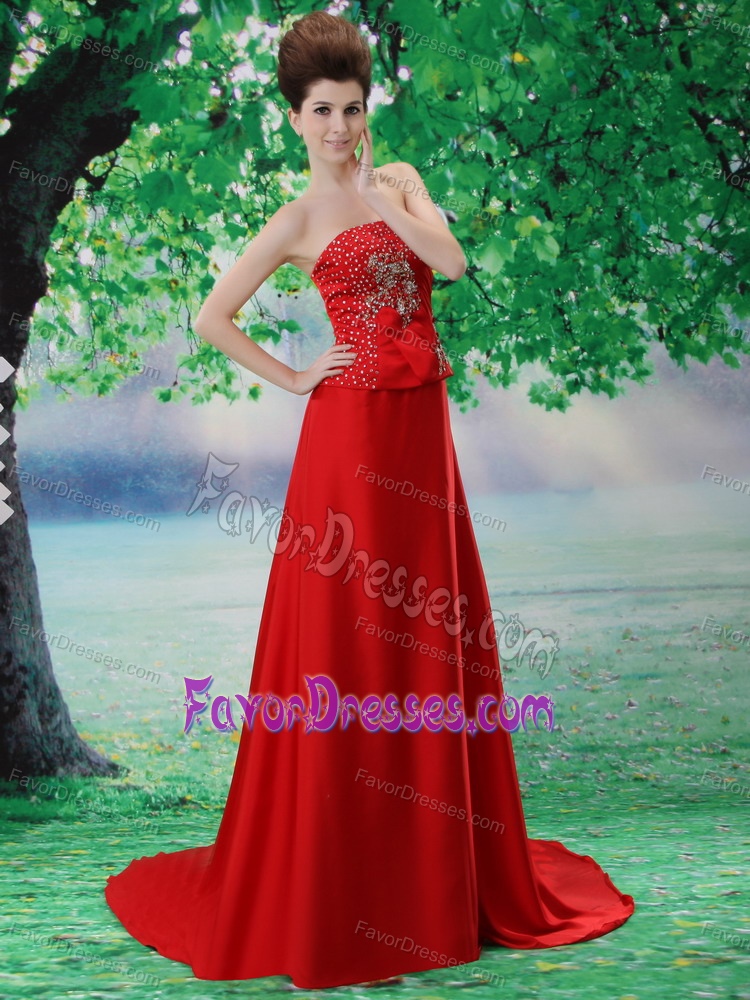 Beading Chiffon Court Train Strapless Maxi Evening Dresses in Red