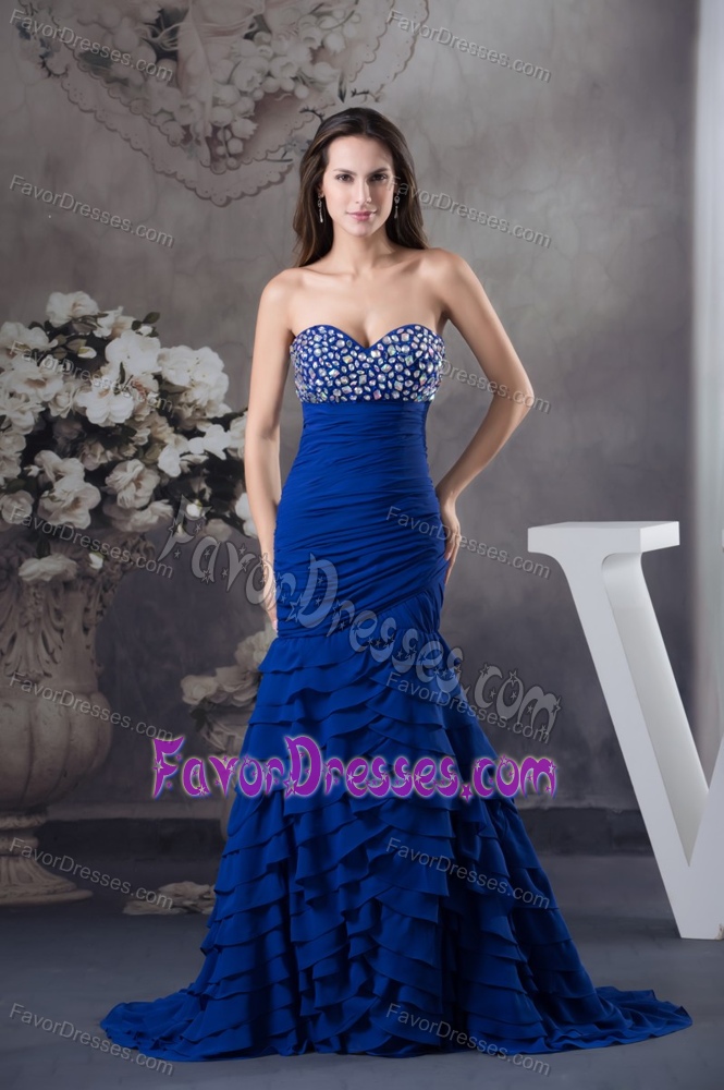 Evening Formal Gowns Dress with Beading and Ruffled Layer in Royal Blue