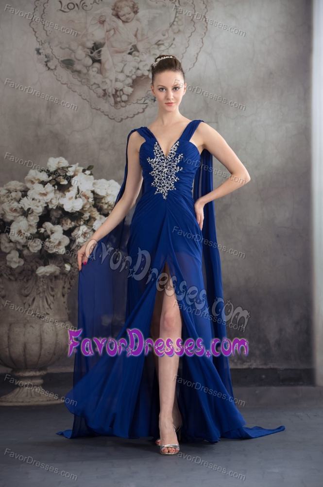 Multi-tiered Beaded Ruched Royal Blue Evening Dress with Watteau Train