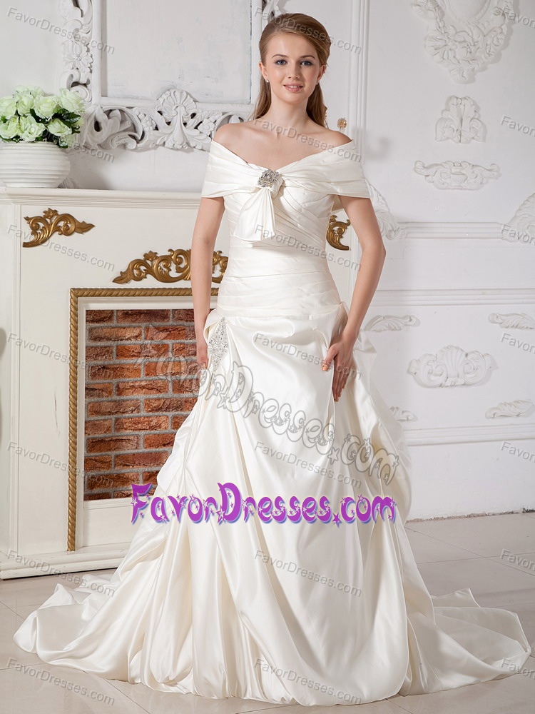 Champagne off-the-shoulder Court Train Taffeta Wedding Dresses with Pick-ups