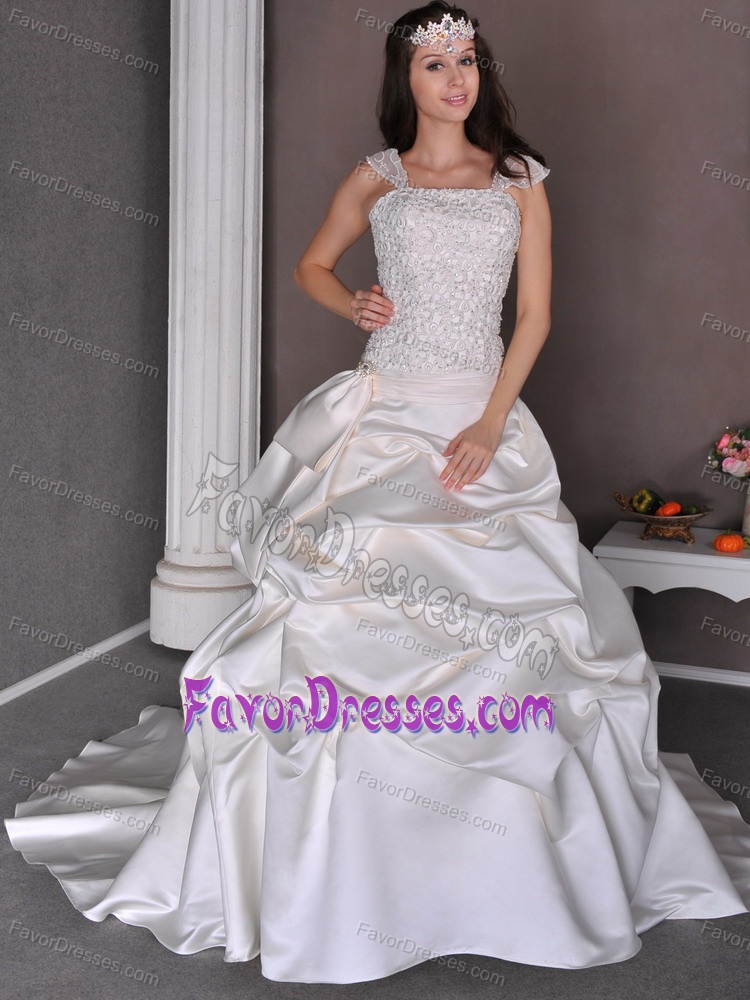 Beautiful Court Train White Taffeta Wedding Dress with Appliques and Pick-ups