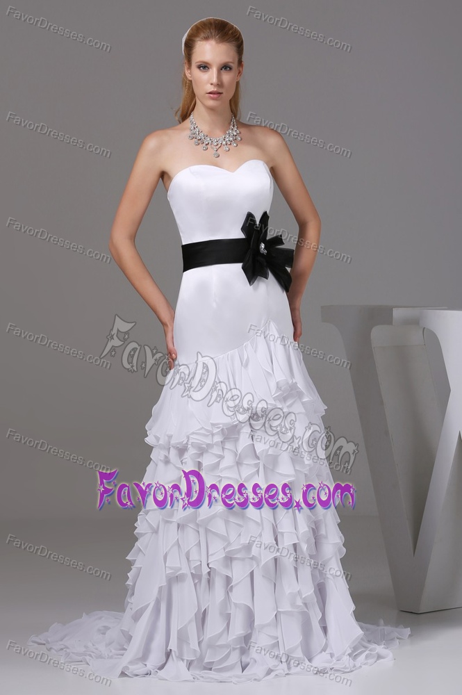 Mermaid Wedding Anniversary Dress with Ruffled Layers and Black Sash