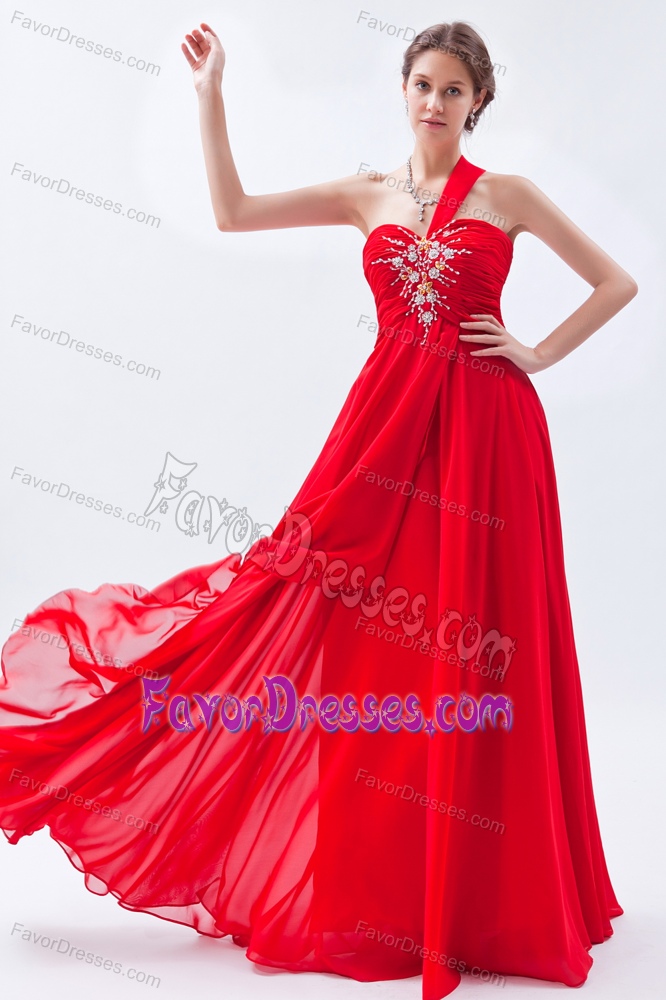 Red One Shoulder Long Ruched Chiffon Prom Party Dress with Beading