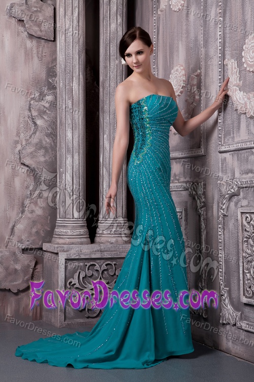 Custom Made Teal Strapless Chiffon Prom Party Dress with Beading