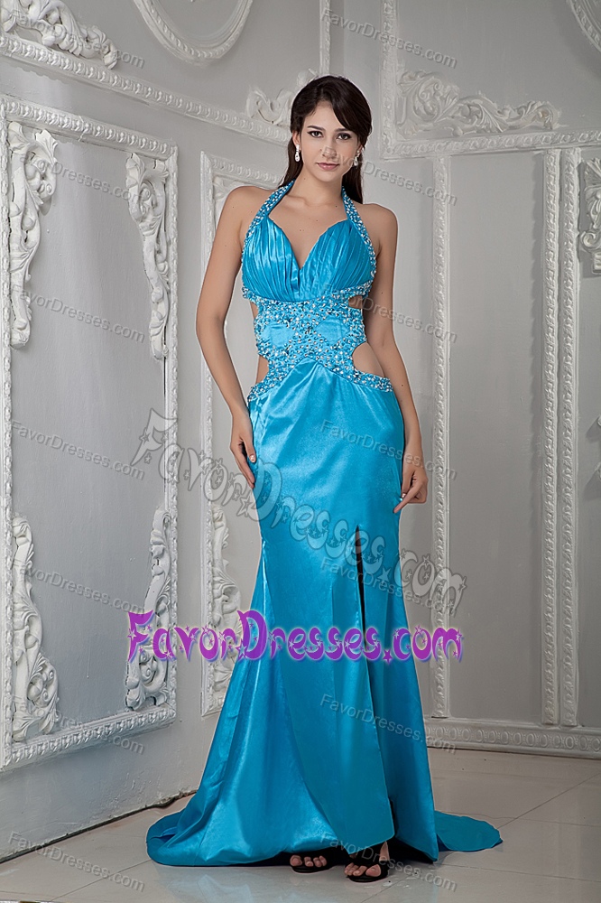 Aqua Blue Halter Ruched Beaded Prom Party Dress with Cutout Waist