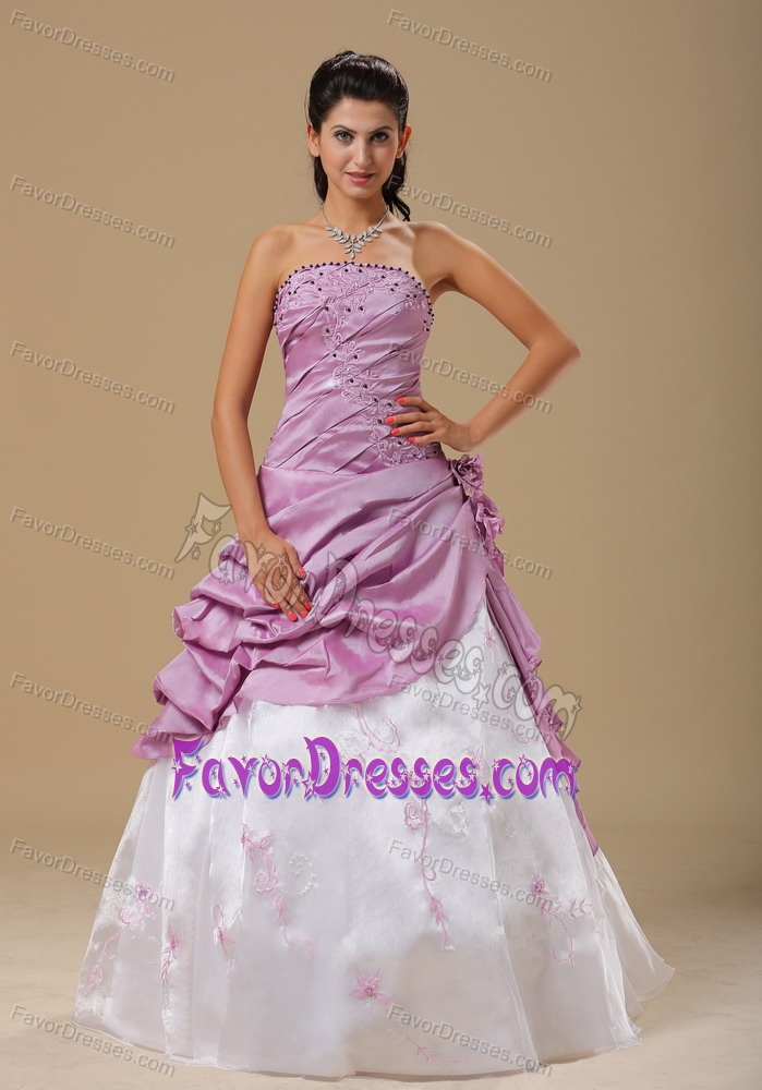 Strapless Long Lavender and White Beaded Prom Dresses with Pick-ups