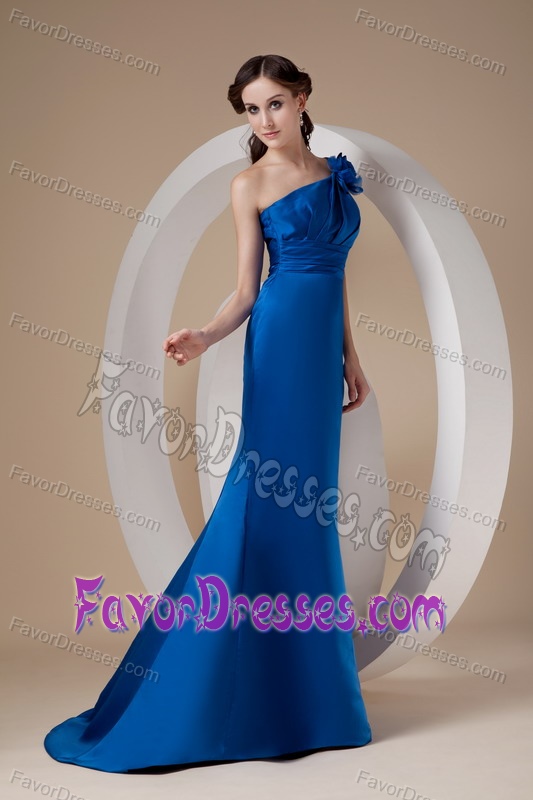 Royal Blue Mermaid One Shoulder Ruched Prom Dress with Flower
