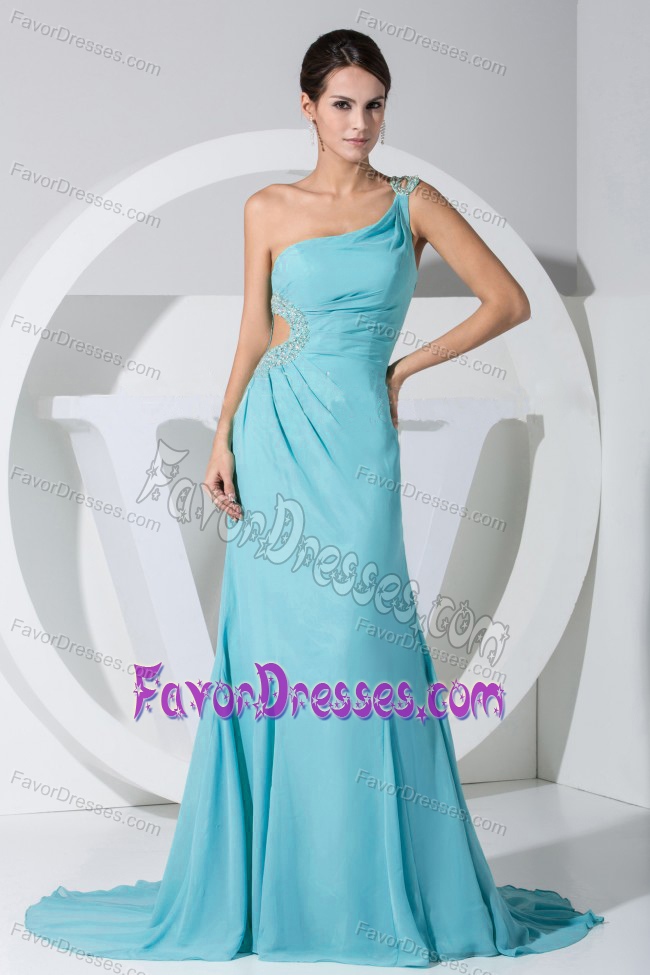 One Shoulder Aqua Blue Ruched Prom Dress with Beading for Less