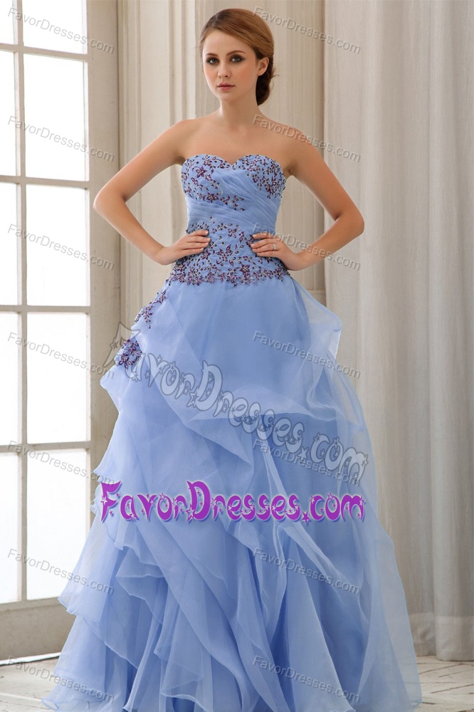 Sweetheart Long Light Blue Ruffled Organza Prom Dress with Appliques