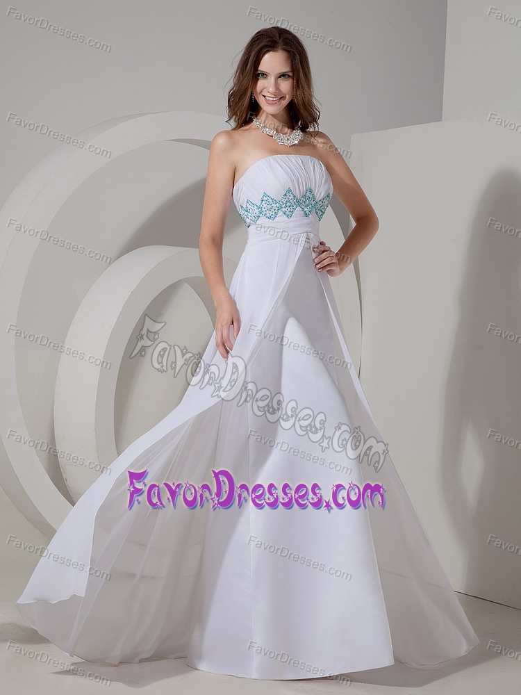 Ruched Strapless Long White Chiffon Prom Dress with Beading on Sale