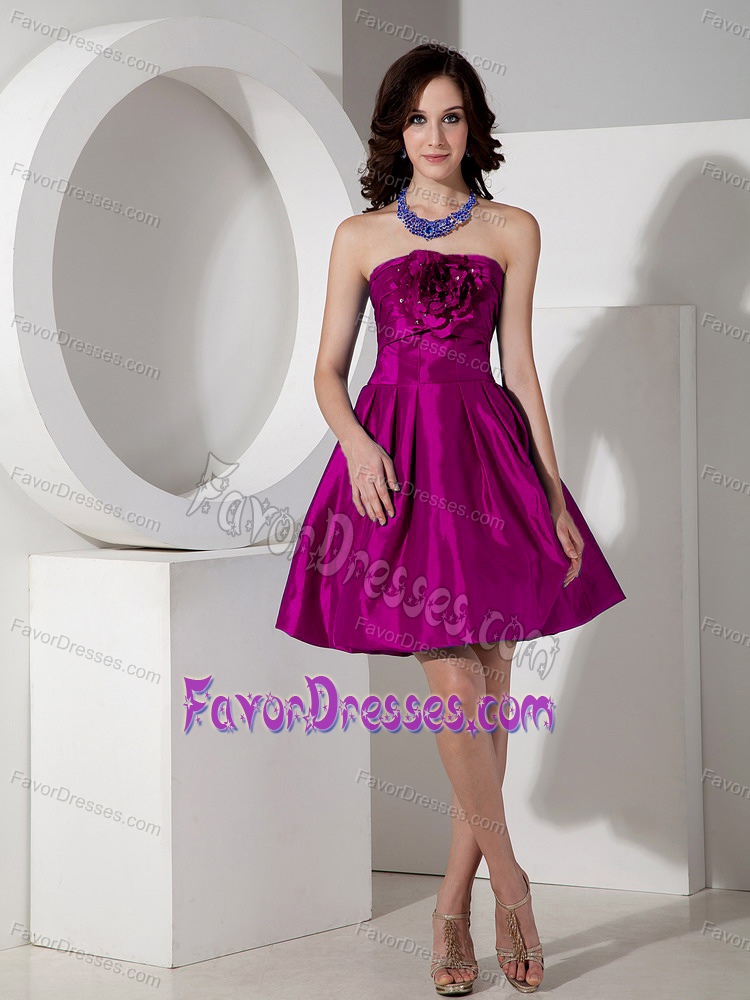 Strapless Knee-length Fuchsia Ruched Taffeta Prom Cocktail Dress with Flower