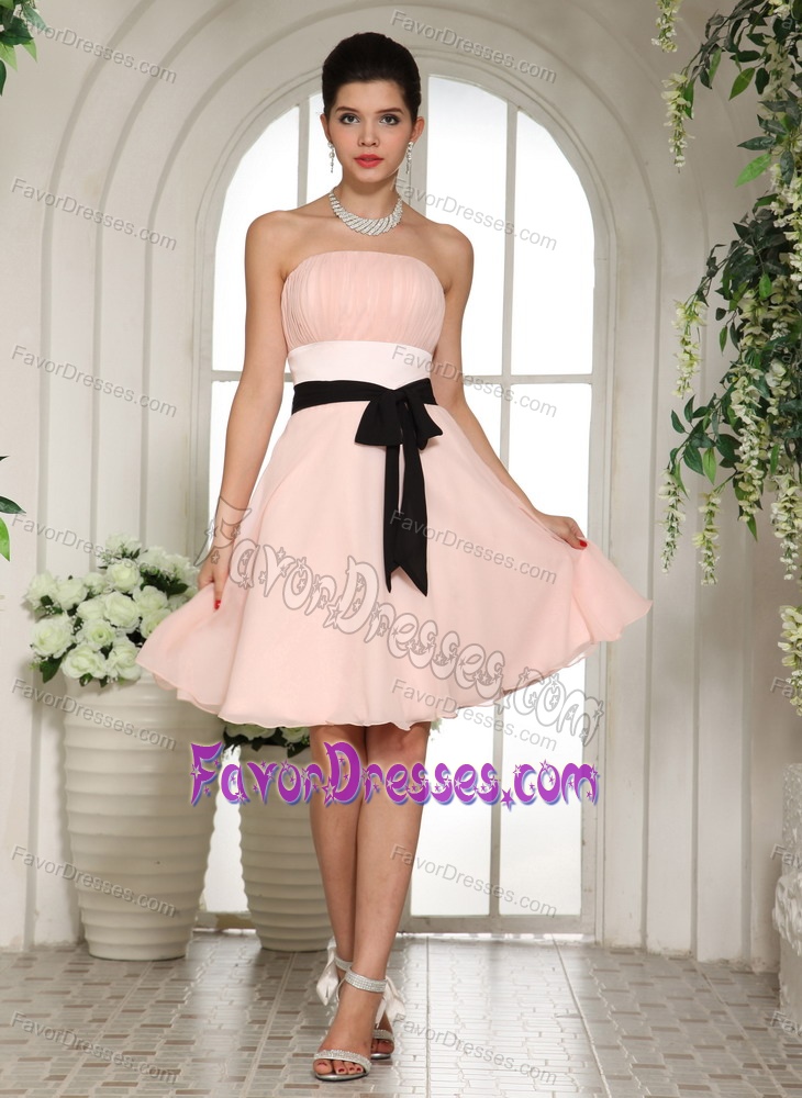 Baby Pink Ruched Strapless Knee-length Chiffon Prom Dress with Black Sash