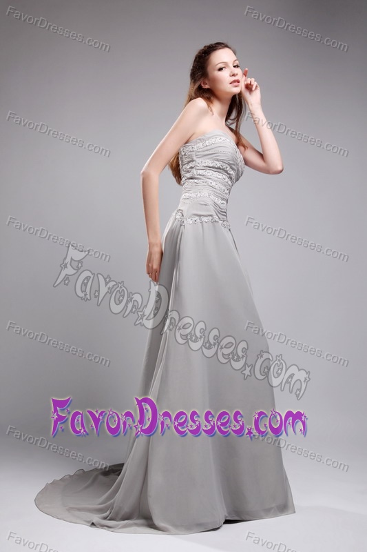 Gray Sweetheart Ruched Chiffon Prom Evening Dress with Appliques