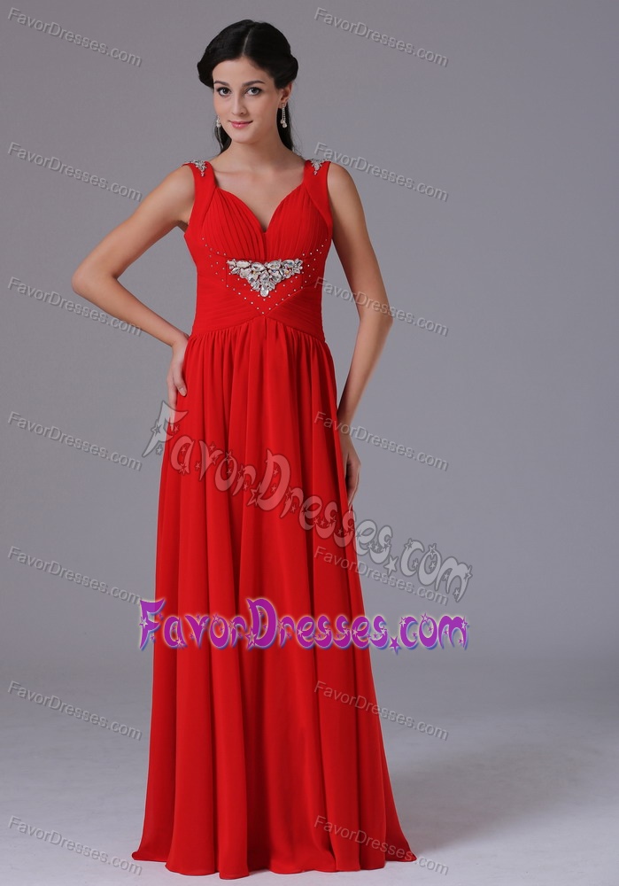 Best V-neck Straps Long Ruched Red Chiffon Prom Dress with Beading