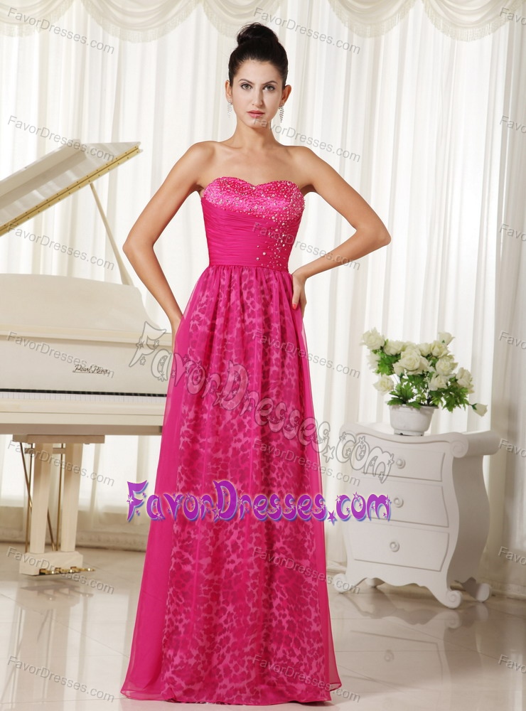 New Sweetheart Long Hot Pink Chiffon and Leopard Beaded Prom Dress