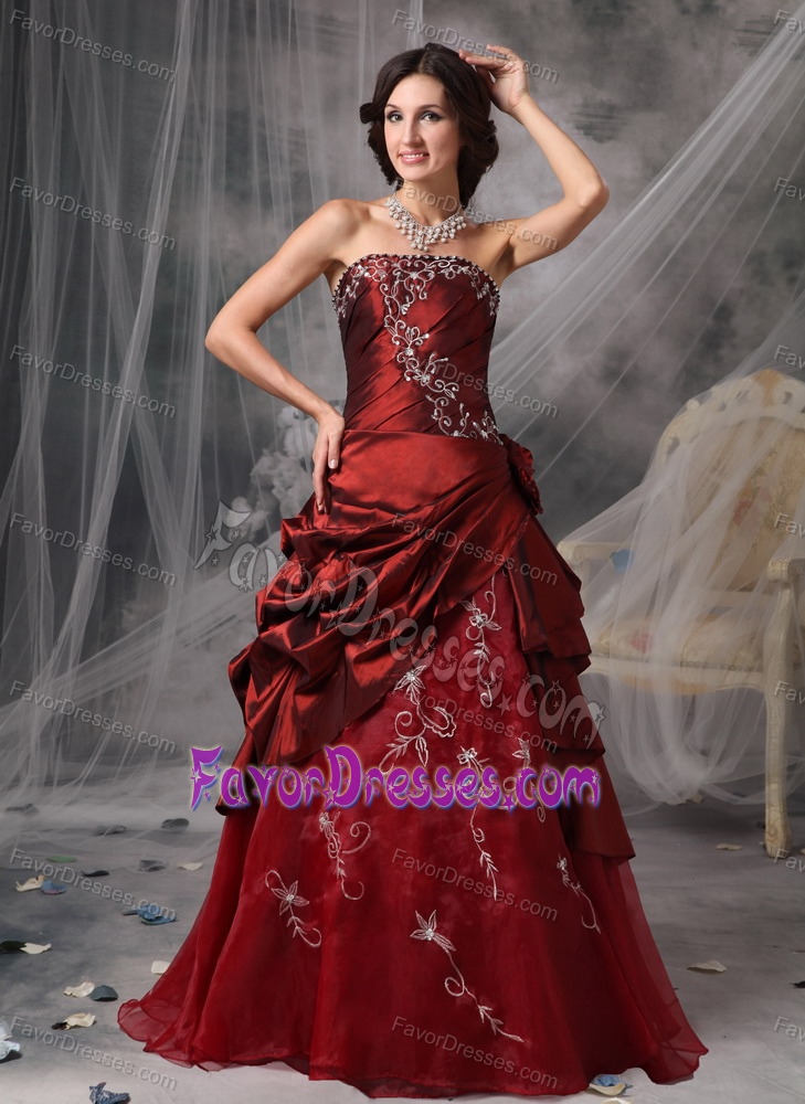Burgundy Strapless Long Prom Dress with Pick-ups and Embroideries