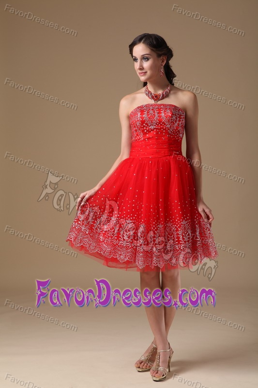 Strapless Knee-length Red Special Fabric Prom Dress for Bridesmaid for Cheap