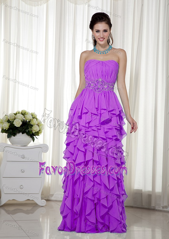 Chic Purple Strapless Long Ruched Prom Dress with Beading and Ruffles