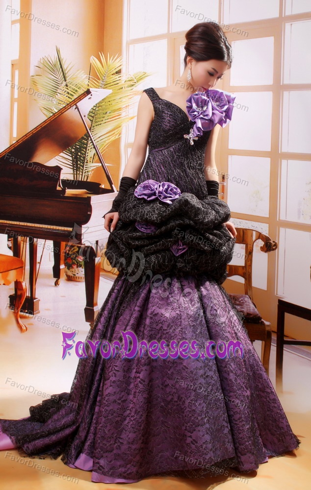 Black and Purple Straps Mermaid Prom Court Dress with Hand Made Flowers