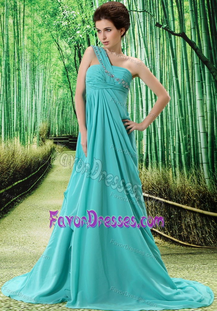 Light Blue One Shoulder Prom Party Dresses with Court Train and Appliques