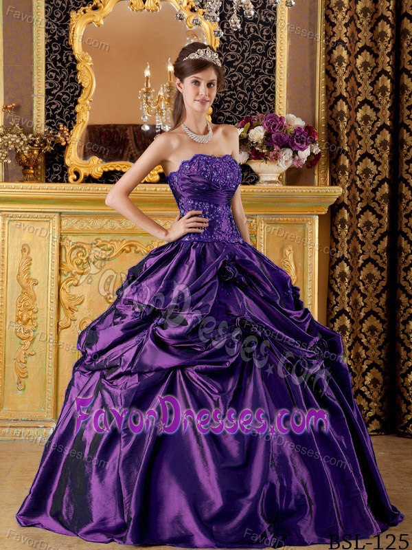 Taffeta Strapless Dress for Quince in Eggplant Purple with Pick-ups and Appliques