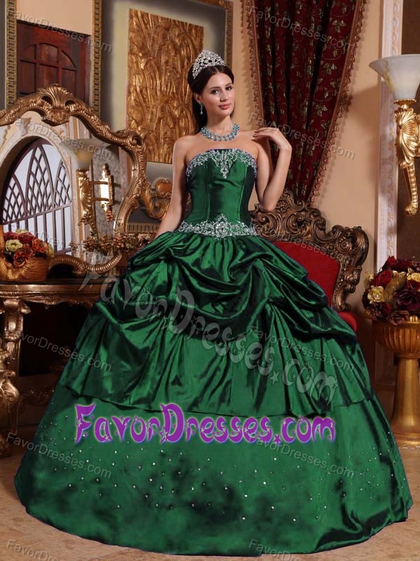 Dark Green Ball Gown Strapless Beaded Quinceanera Dress in Taffeta with Pick Ups
