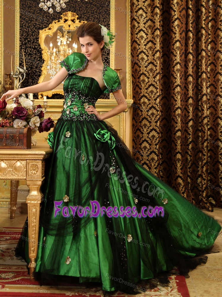 Green and Black Strapless Tulle Dress for Quince with Hand Flowers and Appliques