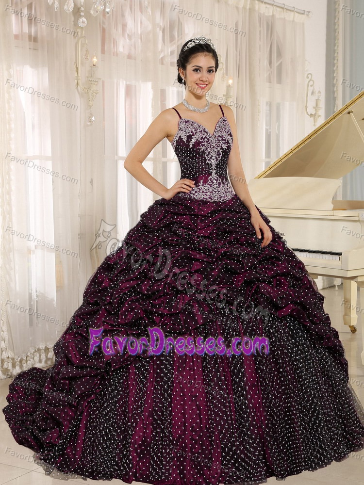 Special Fabric Spaghetti Straps Appliqued Quinceanera Gowns with Pick Ups for Less