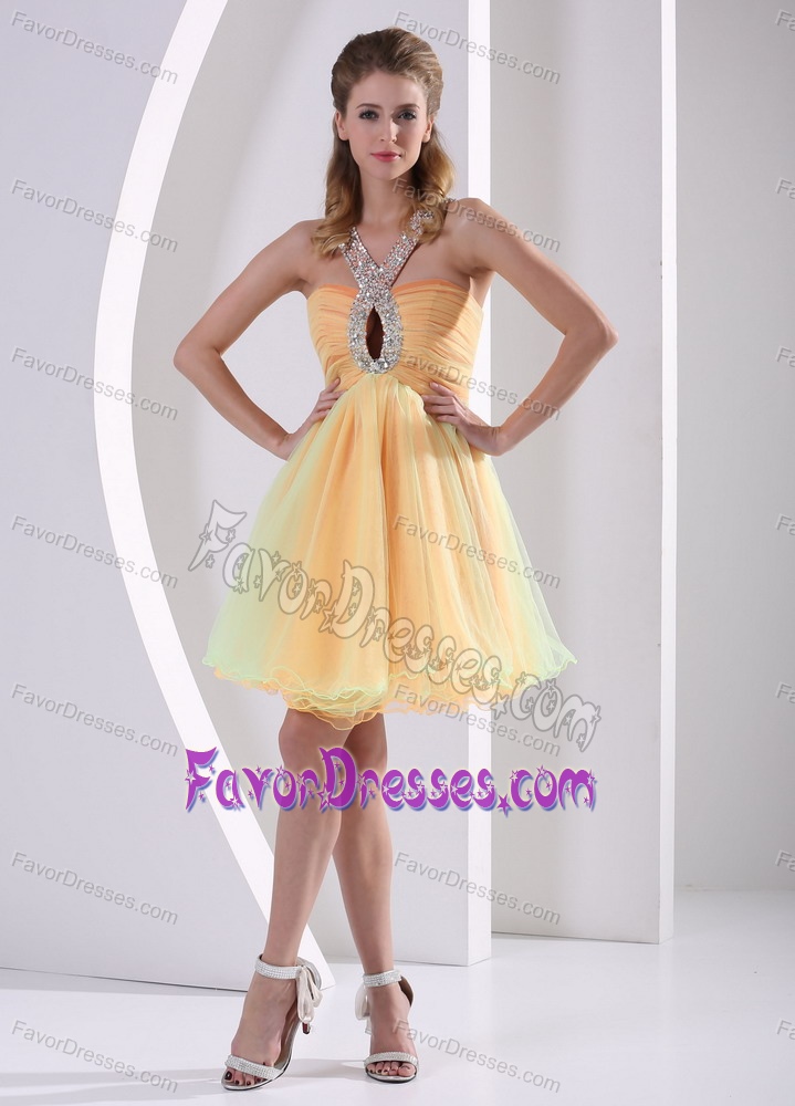 Ruched and Beaded Yellow 2013 Fabulous Graduation Dress for High School