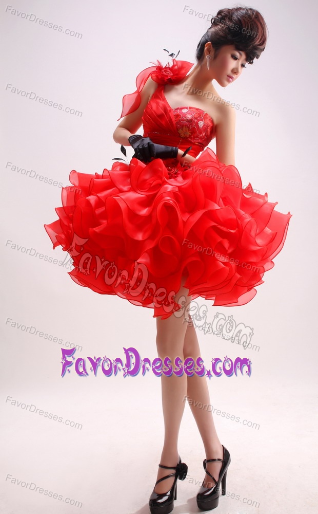 Beautiful One Shoulder Red Short Evening Dress for Graduation with Ruffles