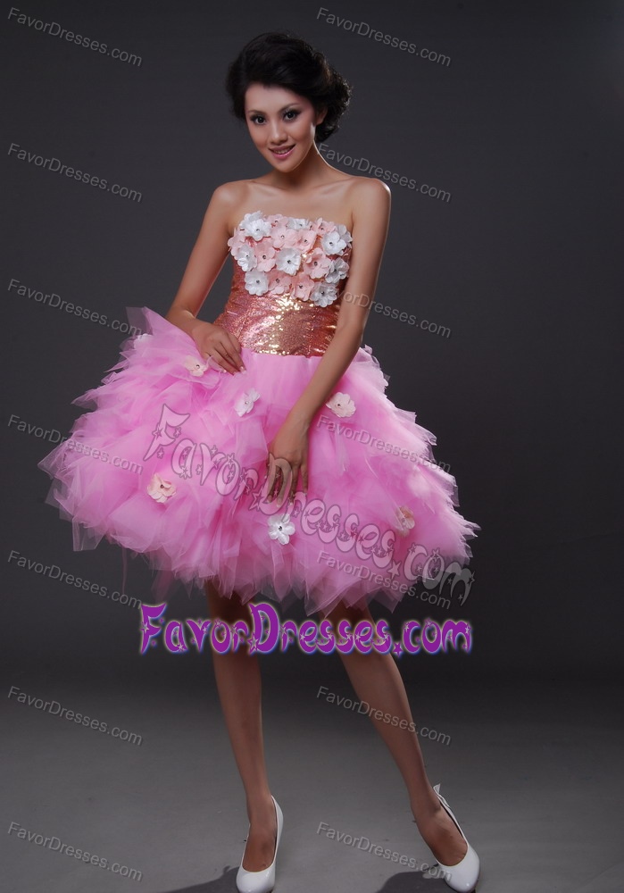 Strapless Pink Tulle Fabulous Short College Graduation Dress with Flowers