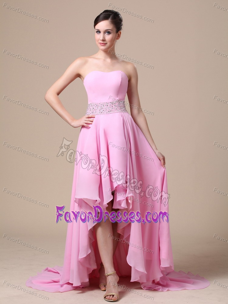 Recommended High-low Baby Pink Prom Party Dresses with Beaded Sash