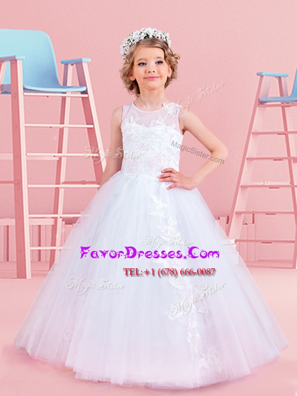 Custom Design Scoop White Tulle Lace Up Flower Girl Dresses Sleeveless Floor Length Appliques