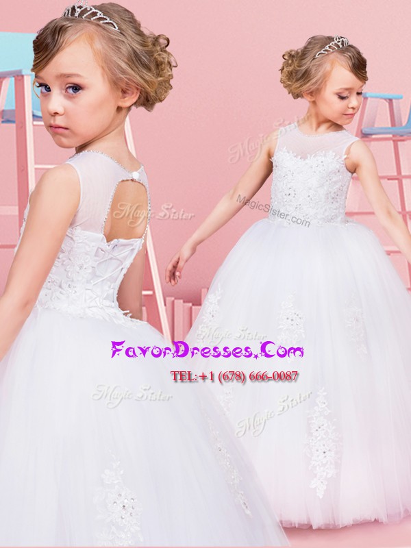 Superior White Lace Up Scoop Beading and Lace and Appliques Toddler Flower Girl Dress Tulle Sleeveless