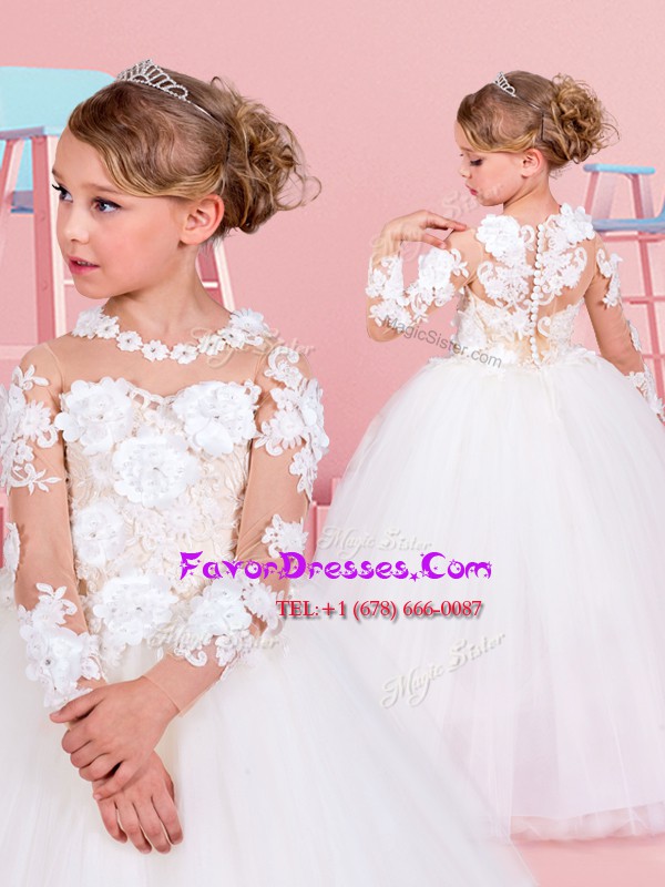 Custom Design White Ball Gowns Tulle Scoop Long Sleeves Lace and Appliques Floor Length Clasp Handle Toddler Flower Girl Dress