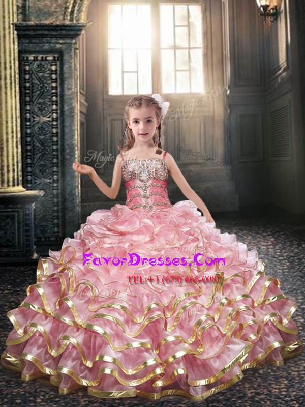  Sleeveless Organza Floor Length Lace Up Pageant Gowns in Baby Pink with Beading and Appliques
