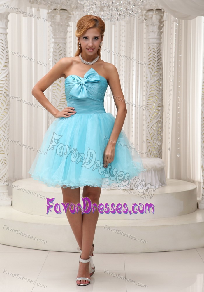Beautiful Strapless Mini-length Aqua Blue Ruched Tulle Holiday Dress with Bow