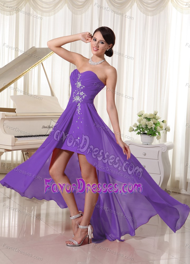 High-low Beaded Sweetheart Chiffon Purple Ruched Holiday Dress on Promotion