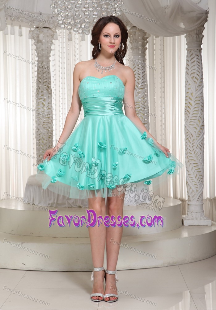 Sweetheart Mini-length Turquoise Tulle Beaded Homecoming Dress with Flower