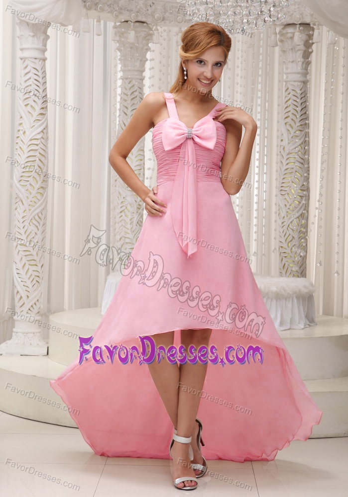 Straps High-low Pink Ruched Chiffon Homecoming Party Dress with Bowknot