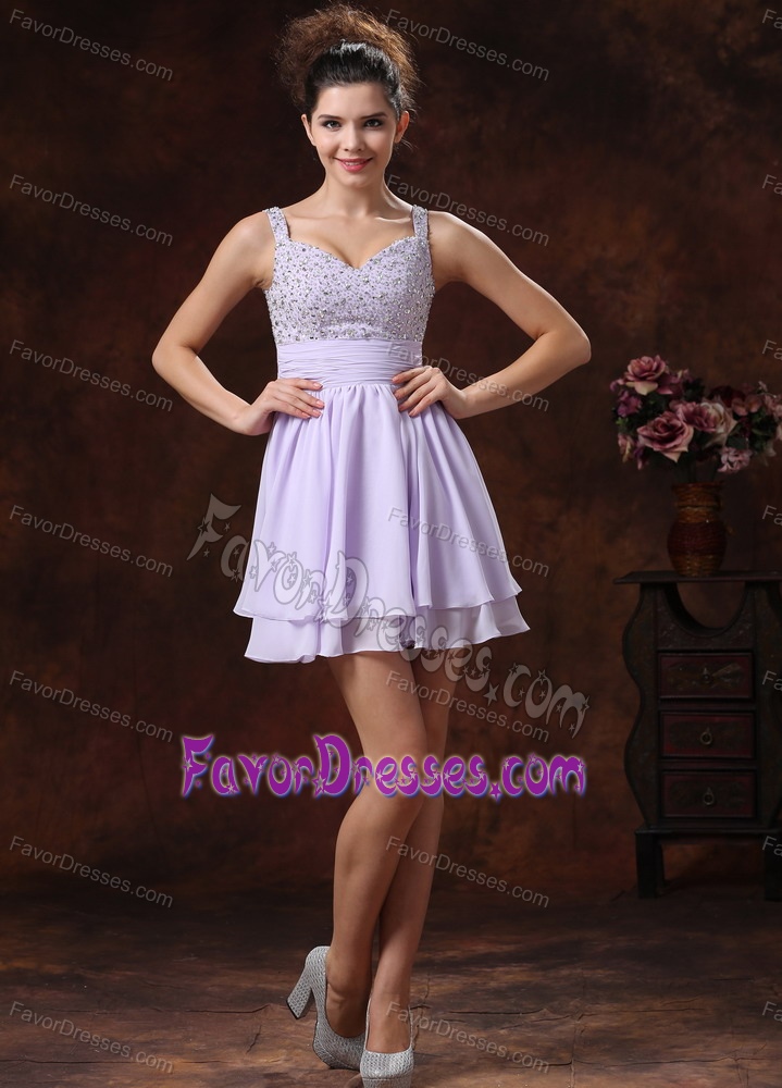 Straps Mini-length Lilac Layered Chiffon Homecoming Party Dress with Beading
