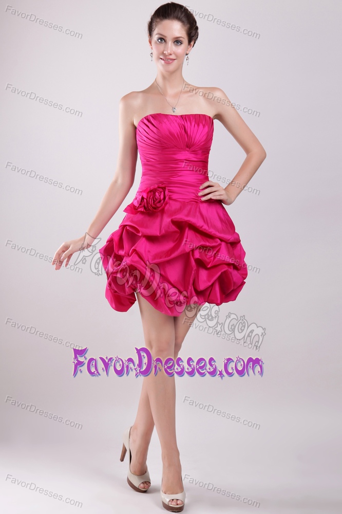 Hot Pink Strapless Mini Homecoming Dress in Taffeta with Hand Flower