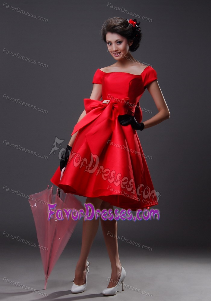 Off The Shoulder 2013 Red Prom Homecoming Mini Dress with Big Bowknot